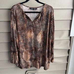 Susan Graver Size 2X Artisan Brown Orange Embellished Animal Print Top Blouse‎